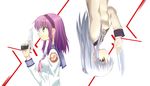  angel_beats! beretta_92 blade blazer cocked_hammer green_eyes gun hairband handgun highres jacket lifeline long_hair maple_takoyaki multiple_girls pistol purple_hair rotational_symmetry school_uniform silver_hair tenshi_(angel_beats!) trigger_discipline weapon yellow_eyes yuri_(angel_beats!) 