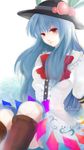  ayakohi bad_deviantart_id bad_id blue_hair boots colored_eyelashes eyelashes food fruit hat hinanawi_tenshi lips long_hair peach red_eyes simple_background sitting solo staring touhou 