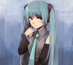  74_(teduka) :/ aqua_eyes aqua_hair bad_id bad_pixiv_id blush detached_sleeves face hatsune_miku long_hair necktie pout rain solo twintails vocaloid 