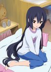  barefoot bed black_hair brown_eyes errant feet hair_down highres k-on! long_hair nakano_azusa pillow shelf sitting sleepwear solo stuffed_animal stuffed_toy v_arms very_long_hair wariza 