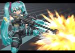  1girl aiming anti-materiel_rifle aqua_eyes aqua_hair bad_id bad_pixiv_id barrett_m82a2 body_armor boots bullpup casing_ejection commentary_request elbow_gloves fingerless_gloves fire firing gloves gun hase_yu hatsune_miku headset holding holding_gun holding_weapon knee_pads long_hair military_operator muzzle_device muzzle_flash on_one_knee open_mouth rifle scope shell_casing sniper_rifle solo twintails vertical_foregrip very_long_hair vocaloid weapon 