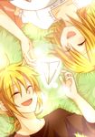  1girl bad_id bad_pixiv_id blonde_hair closed_eyes grass happy kagamine_len kagamine_rin lying rotational_symmetry ryou_(fallxalice) short_hair shuujin/kami_hikouki_(vocaloid) smile vocaloid 