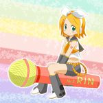  blonde_hair bow detached_sleeves green_eyes hair_bow hair_ornament hairclip headphones kagamine_rin microphone oversized_object short_hair shorts smile solo takamaru_(minamimachi_seisakusho) vocaloid 