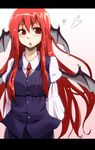  :&lt; arms_behind_back between_breasts breasts head_wings highres koakuma large_breasts long_hair md5_mismatch necktie necktie_between_breasts red_eyes red_hair red_neckwear shirt solo touhou vest wings yamu_(yamuyama_web) 