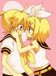  1girl anzu_(o6v6o) bad_id bad_pixiv_id blush brother_and_sister couple hair_ornament hair_ribbon hairclip heart hetero imminent_kiss incest kagamine_len kagamine_rin necktie ribbon short_hair siblings smile twincest twins vocaloid yellow_neckwear 