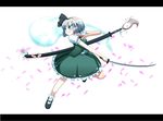  black_hairband blue_eyes ghost hairband highres katana konpaku_youmu konpaku_youmu_(ghost) letterboxed md5_mismatch miranko petals short_hair silver_hair solo sword touhou weapon 