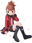  blush brown_hair digimon digimon_tamers flat_chest full_body lowres makino_ruki nakamura petals ponytail purple_eyes sitting smile solo transparent_background 