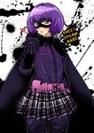  belt blown_kiss butcherboy cape english gloves hand_on_hip heart hit-girl kick-ass mask purple_hair skirt solo 