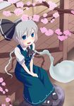  black_hairband blue_eyes cherry_blossoms from_above ghost grey_hair hairband highres konpaku_youmu konpaku_youmu_(ghost) light_smile muku_(muku-coffee) open_mouth pigeon-toed short_hair silver_hair sitting solo touhou v_arms veranda 