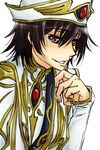  1boy black_hair code_geass dress face hat jewelry lelouch_lamperouge lowres male male_focus nico_(hero300) purple_eyes robe solo violet_eyes white_background 