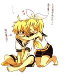  1girl anzu_(o6v6o) bad_id bad_pixiv_id barefoot blonde_hair blush bow brother_and_sister closed_eyes embarrassed hair_bow hair_ornament hair_ribbon hairclip happy heart hug hug_from_behind incest indian_style kagamine_len kagamine_rin kneeling open_mouth ribbon short_hair shorts siblings simple_background sitting smile translated twincest twins vocaloid white_background 