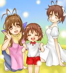  apron bad_id bad_pixiv_id brown_eyes brown_hair child clannad closed_eyes furukawa_nagisa furukawa_sanae gym_uniform long_hair mother_and_daughter multiple_girls okazaki_ushio short_hair yuki_(wankosoba) 