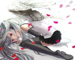  albino_(vocaloid) all_fours bad_id bad_pixiv_id boots detached_sleeves hatsune_miku highres legs long_hair petals red_eyes rowya skirt solo tears thigh_boots thighhighs vocaloid wings 