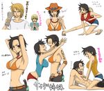  3girls abs bikini_top black_eyes black_hair bracelet breasts cleavage genderswap genderswap_(mtf) jewelry large_breasts log_pose luffyko multiple_boys multiple_girls nami_(one_piece) necklace newspaper one_piece portgas_d_anne sandals sanji scar short_hair tattoo translation_request 