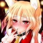  animal_ears blonde_hair blush cat_ears close-up closed_mouth collar face flandre_scarlet hazuki_kasane kemonomimi_mode long_hair nail_polish red_eyes red_nails side_ponytail solo touhou wings 