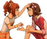  amami_haruka cuts gym_uniform hand_on_another's_head idolmaster idolmaster_(classic) injury mori_(unknown.) multiple_girls takatsuki_yayoi tears towel wristband 