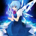  blue blue_eyes blue_hair bow cirno dress flower frozen hair_bow ice kneeling nozomu144 rose short_hair solo touhou wings 