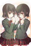  black_hair blush brown_eyes glasses ibara_no_ou kasumi_ishiki multiple_girls school_uniform shizuku_ishiki short_hair siblings sisco sisters skirt twins 