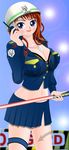  boots breasts brown_hair helmet large_breasts long_hair miniskirt police police_uniform policewoman skirt solo uniform 