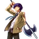  angel_beats! bad_id bad_pixiv_id blazer blue_eyes blue_hair hand_in_pocket jacket male_focus necktie nijio noda_(angel_beats!) polearm school_uniform solo weapon 