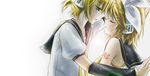  1girl blonde_hair blush brother_and_sister closed_eyes couple detached_sleeves hair_ribbon hetero imminent_kiss incest kagamine_len kagamine_rin ribbon siblings tears twincest twins vocaloid xinya 