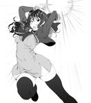  black_hair energy_ball greyscale long_hair monochrome original painpa school_uniform solo thighhighs zettai_ryouiki 