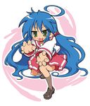  :3 ahoge blue_hair dragon_ball dragon_ball_z green_eyes izumi_konata kamehameha long_hair lucky_star pose ryouou_school_uniform school_uniform serafuku solo usuiken v-shaped_eyebrows 