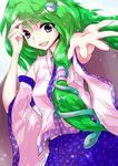  alphes_(style) bad_id bad_pixiv_id blue_eyes detached_sleeves frog green_hair hair_ornament kochiya_sanae light_particles long_hair neo1031 open_mouth outstretched_arm outstretched_hand parody smile snake solo style_parody touhou 