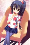  black_hair blue_legwear brown_eyes chair crossed_legs easy_chair food from_above fruit k-on! listen!! long_hair nakano_azusa pantyhose polka_dot saeki_nao side_ponytail sitting solo strawberry 