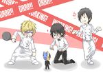  3boys angry celty_sturluson chibi cigarette cosplay durarara!! frying_pan fukuyama_jun glasses heart heiwajima_shizuo kamiya_hiroshi kishitani_shinra minigirl multiple_boys ono_daisuke orihara_izaya parody seiyuu_connection sunglasses t0m0 waiter working!! 