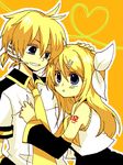  1girl :t alternate_hairstyle annoyed anzu_(o6v6o) bad_id bad_pixiv_id blush brother_and_sister hair_ornament hair_ribbon hairclip hand_on_another's_head heart incest kagamine_len kagamine_rin long_hair necktie ribbon short_hair siblings smile twincest twins vocaloid yellow_neckwear 
