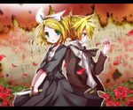  1girl bad_id bad_pixiv_id blonde_hair brother_and_sister dress efu flower green_eyes hair_ornament hair_ribbon hairclip kagamine_len kagamine_rin knife nazotoki_(vocaloid) petals ribbon rose siblings tears twins vocaloid 