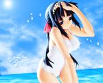  adjusting_hair arm_up beach black_hair blue_eyes blue_hair blush breasts cleavage cloud covered_navel day hairband kawata_hisashi kuwashima_takako large_breasts leaning_forward long_hair ocean one-piece_swimsuit outdoors ribbon sky smile solo swimsuit tasogare wading wallpaper water wet white_swimsuit 