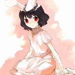  animal_ears bangs black_hair bobby_socks bunny_ears carrot_necklace inaba_tewi looking_at_viewer pink_skirt puffy_sleeves red_eyes short_hair simple_background sitting sketch skirt smile socks solo touhou white_legwear xero 