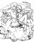  :d bare_legs breasts chiba_sadoru curly_hair greyscale himemiya_anthy holding holding_weapon long_hair looking_at_viewer monochrome multiple_girls open_mouth rapier shoujo_kakumei_utena simple_background sitting sketch small_breasts smile sword tenjou_utena unsheathed very_long_hair weapon white_background 
