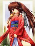  brown_hair cat fan furisode japanese_clothes kimono little_busters! long_hair na-ga natsume_rin ponytail red_eyes solo 