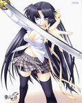  black_hair breasts cleavage hinoue_itaru kurugaya_yuiko large_breasts little_busters! long_hair midriff purple_eyes ribbon school_uniform solo sword thighhighs weapon zettai_ryouiki 