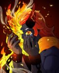  1boy black_horns black_skin capsaicin_cookie chain colored_sclera colored_skin commentary_request cookie_run cookie_run:_kingdom crying crying_with_eyes_open cuffs demon_boy demon_horns fingernails fire from_above hair_slicked_back hands_up highres horns humanization justdoitdoit333 korean_commentary long_hair looking_at_viewer muscular muscular_male orange_hair red_background red_eyes simple_background slit_pupils solo tears upper_body vignetting wide-eyed yellow_sclera 