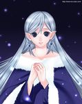  blue_dress blue_eyes collarbone dress fur_trim long_hair looking_at_viewer mattaku_mousuke off-shoulder_dress off_shoulder original own_hands_together pointy_ears silver_hair solo sparkle very_long_hair 