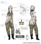 1girl boots breasts closed_mouth clothes_around_waist ear_protection flower gloves grey_hair hair_flower hair_ornament hairclip headset id_card konami long_hair looking_at_viewer metal_gear_(series) metal_gear_rising:_revengeance official_art shirt simple_background small_breasts solo striped_clothes striped_shirt sunny_emmerich tank_top white_background yoshimura_ken&#039;ichirou 