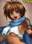  :d armor asura_fantasy_online bangs between_breasts blue_eyes blush breasts brown_hair cape crop_top dark_skin detached_sleeves fang fantasy kagami_hirotaka large_breasts looking_at_viewer looking_back lowres midriff mira_poular no_bra omc open_mouth pauldrons profile short_hair sideboob smile solo spiked_hair strap tank_top underboob upper_body watermark 