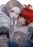  2boys :d absurdres ahoge aotsuki_eito black_gloves black_streaks blue_eyes blue_jacket drawstring glasses gloves grey_hair grey_jacket hand_on_another&#039;s_shoulder highres hood hoodie jacket looking_at_viewer male_focus multicolored_hair multicolored_jacket multiple_boys oishikunatte_shintoujou one_eye_closed open_clothes open_jacket pointing pointing_at_viewer red_hair round_teeth short_hair simple_background smile sparkle streaked_hair sumino_takumi sweat sweatdrop teeth the_hundred_line_-last_defense_academy- two-tone_jacket upper_body upper_teeth_only white_hoodie white_jacket zipper 