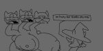 2025 3_eyes 3_heads anthro big_breasts bovid breasts canid canid_demon canine caprine cerberus clothing clover_(deltarune) darkner deltarune demon digital_media_(artwork) disappointed duo english_text european_mythology female fur goat greek_mythology grey_background half-closed_eyes hat headgear headwear hellhound huge_breasts looking_at_another male mammal monochrome multi_eye multi_head mythological_canine mythological_creature mythology narrowed_eyes ralsei sharp_teeth simple_background speech_bubble superiorfox surprise surprised_expression teeth text three-quarter_view tongue undertale_(series)