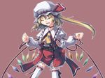  :d ^_^ akakage_red belt choker closed_eyes cross cross_necklace fang flandre_scarlet hat hat_ribbon jewelry necklace one_side_up open_mouth ribbon short_hair_with_long_locks smile solo thighhighs touhou wings 