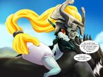 4:3 ageplay canid canine canis clean_diaper clothed clothing coqo crown curse dialogue diaper duo english_text female feral fused_shadow headgear headwear hi_res humanoid imp infantilism insult link_(wolf_form) lying_on_another male mammal midna nintendo one_eye_obstructed outside prehensile_hair princess_zelda roleplay sitting sitting_on_another size_difference smaller_female smile snaggle_tooth solo_focus speech_bubble teeth text the_legend_of_zelda touching_diaper twili twilight_princess wolf