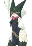 anthro asian_clothing blue_archive breast_curtains breasts chinese_clothing chinese_dress clothing dress east_asian_clothing female generation_9_pokemon hi_res looking_at_viewer meowscarada moccimew nintendo pokemon pokemon_(species) simple_background small_breasts solo thick_thighs