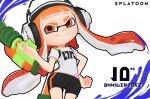  1girl anniversary bike_shorts black_shorts bunysk closed_mouth commentary copyright_name english_commentary gun hand_on_own_hip headphones highres holding holding_gun holding_weapon ink ink_tank_(splatoon) inkling inkling_girl inkling_player_character long_hair orange_eyes orange_hair paint print_shirt shirt shorts smile solo splatoon_(series) splatoon_1 splattershot_(splatoon) t-shirt tentacle_hair weapon white_background white_shirt 