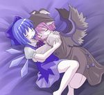  animal_ears barefoot bird_ears bird_wings blue_bow bow brown_dress brown_hat cirno closed_eyes des dress eyebrows_visible_through_hair hair_bow hat hug ice ice_wings juliet_sleeves long_sleeves multiple_girls mystia_lorelei open_mouth pink_hair puffy_sleeves short_hair sleeping touhou winged_hat wings 