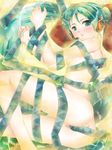 ass bdsm bondage bound bound_wrists breasts green_eyes green_hair hatsune_miku headphones leg_lift long_hair lying microphone morihama_karute naked_ribbon nude ribbon small_breasts solo twintails vocaloid 