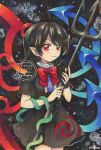  1girl artist_name asymmetrical_wings black_dress black_hair blue_wings bow bowtie center_frills closed_mouth commentary dated dress frills hashtag-only_commentary highres holding holding_polearm holding_weapon houjuu_nue long_hair looking_at_viewer maa_(forsythia1729) pointy_ears polearm red_bow red_bowtie red_eyes red_wings short_sleeves smile snake solo touhou traditional_media trident twitter_username watermark weapon wings 